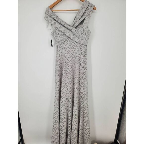TAHARI ASL NWT Women's Limestone Lace Cold shoulder Lace Ball Gown Dress Size 6 - Picture 8 of 8